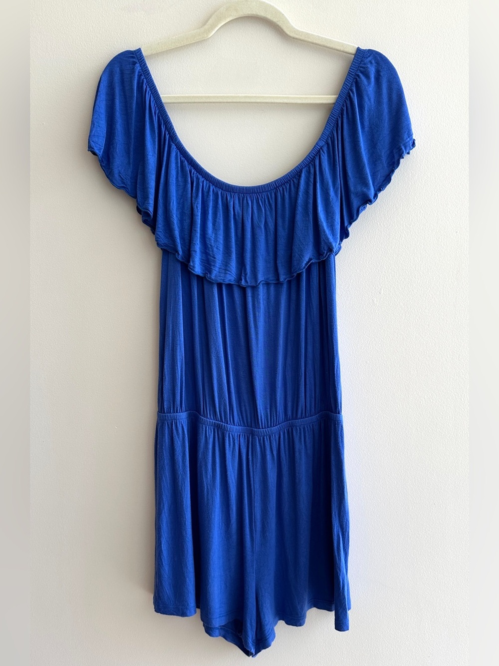 maitai Stretchy Off the Shoulder Ruffle Romper, Casual Summer,Royal Blue, Medium